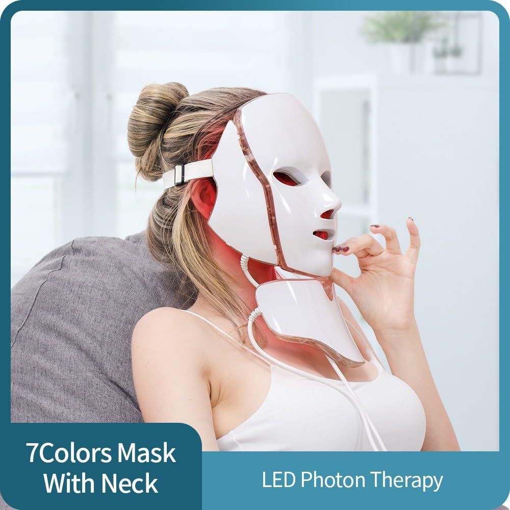 Led Face Mask Light Therapy - 7 Color Photon Blue & Red Light Maintenance Skin Rejuvenation Facial Skin Care Mask, Home Skin Care Mask for Face and Neck