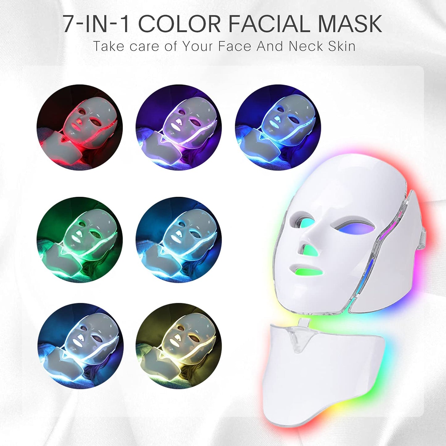 Led Face Mask Light Therapy - 7 Color Photon Blue & Red Light Maintenance Skin Rejuvenation Facial Skin Care Mask, Home Skin Care Mask for Face and Neck