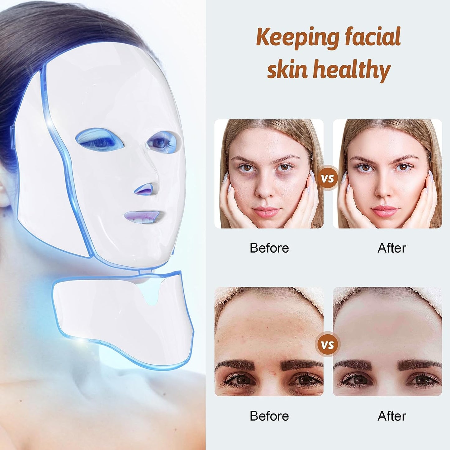 Led Face Mask Light Therapy - 7 Color Photon Blue & Red Light Maintenance Skin Rejuvenation Facial Skin Care Mask, Home Skin Care Mask for Face and Neck