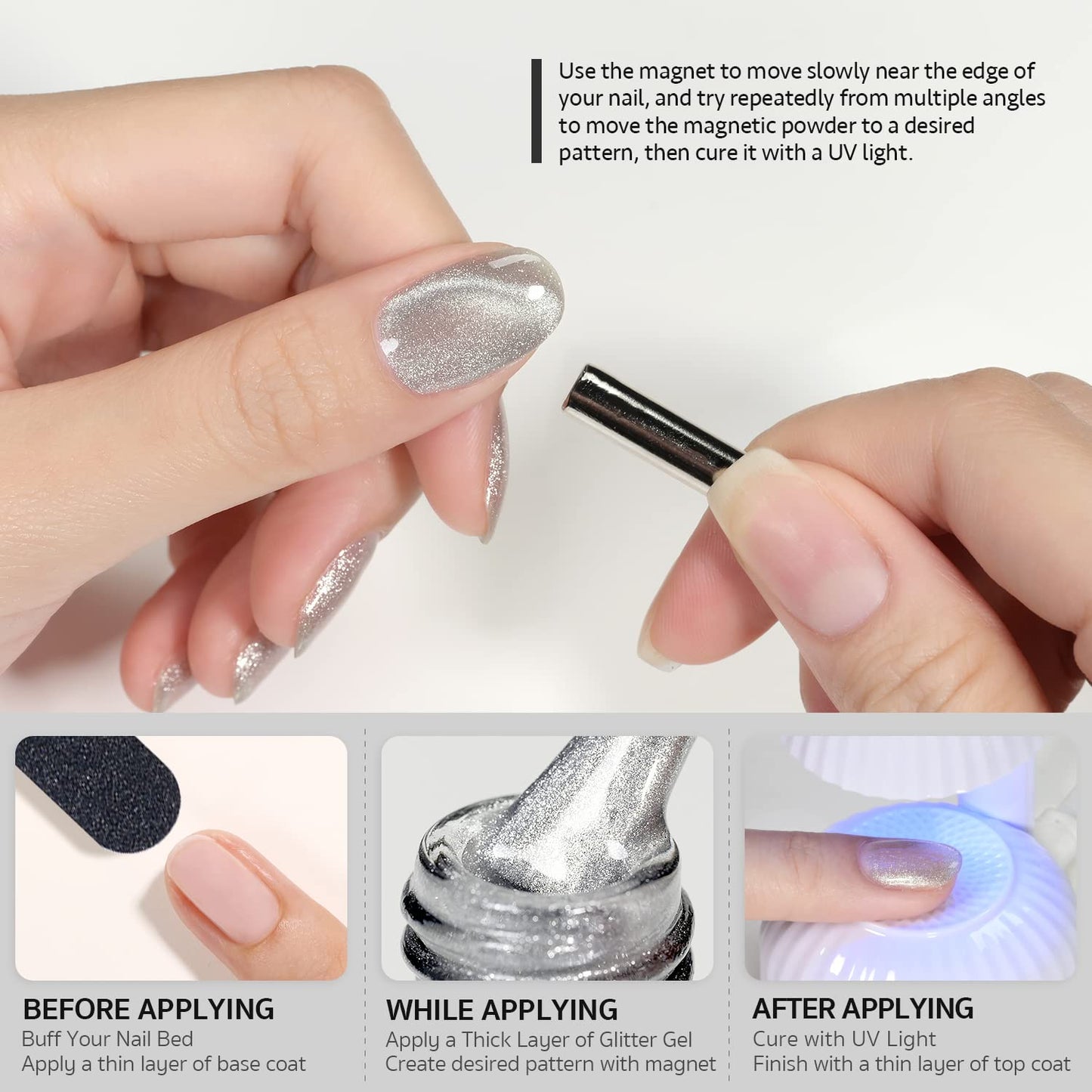 Cat Eye Gel Nail Polish, Glitter Holographic Nail Polish with Magnet, 15ml Reflective Translucent UV Gel for Nail Art